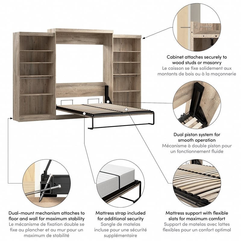 Bestar Pur Queen Murphy Bed with 2 Shelving Units (137W) in Rustic Brown