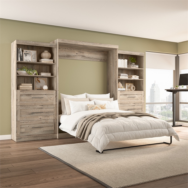 Bestar Pur Queen Murphy Bed And 2 Shelving Units Wdrawers136w In Rustic Brown 2578