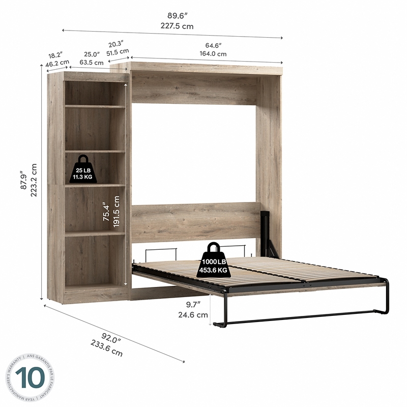 Bestar Pur Queen Murphy Bed with Shelving Unit (90W) in Rustic Brown