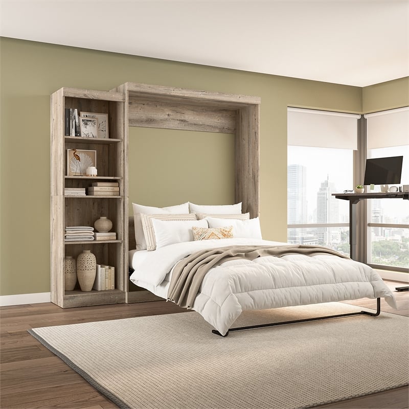 Bestar Pur Queen Murphy Bed with Shelving Unit (90W) in Rustic Brown
