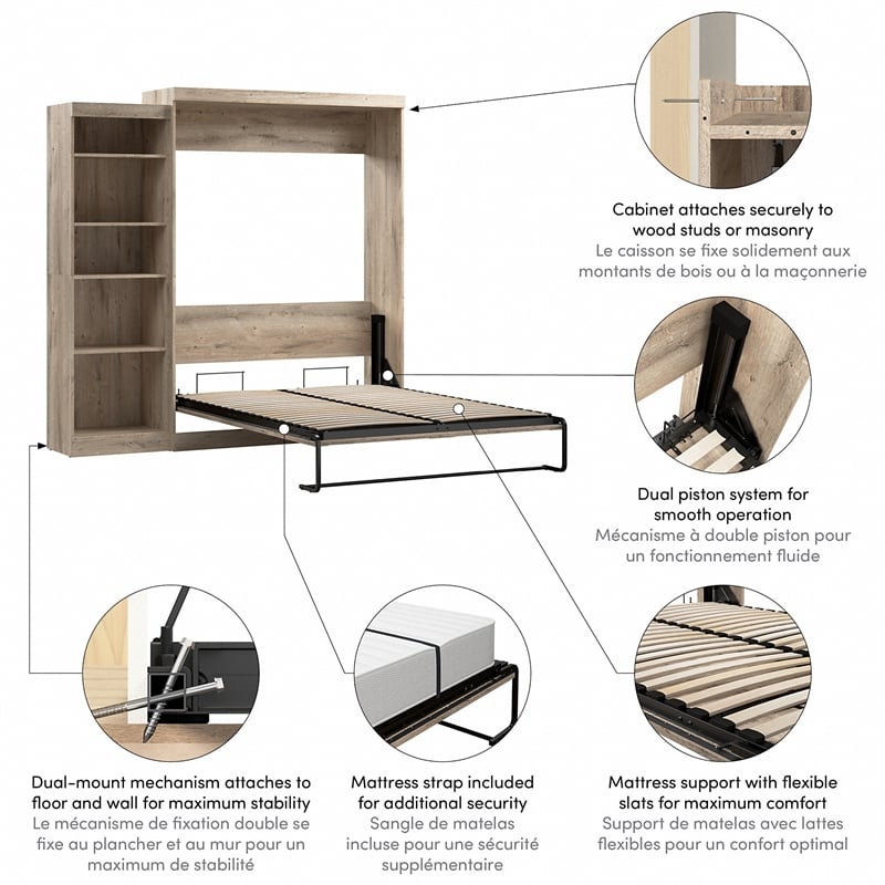 Bestar Pur Queen Murphy Bed with Shelving Unit (90W) in Rustic Brown