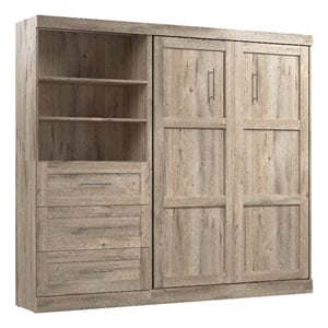 Bestar Pur Full Murphy Bed and Shelving Unit with Drawers (95W) in Rustic Brown