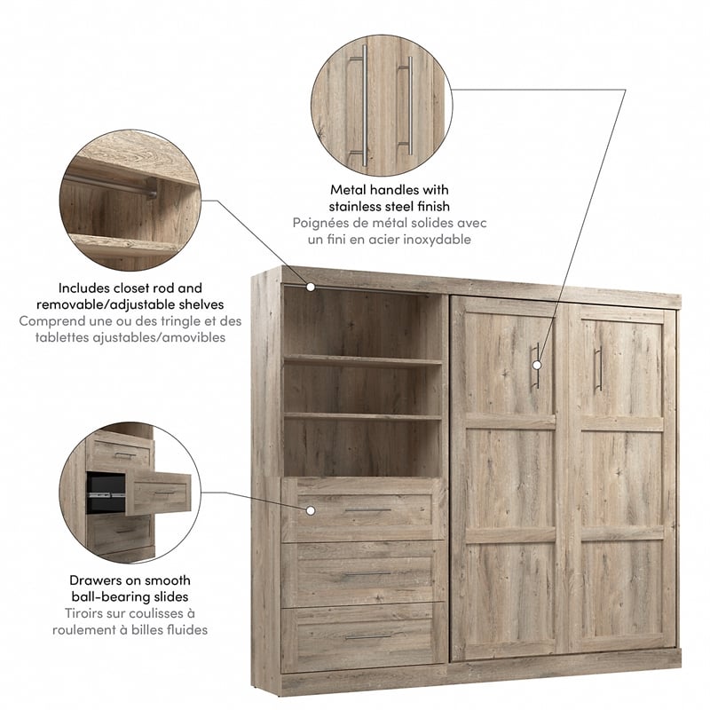 Bestar Pur Full Murphy Bed and Shelving Unit with Drawers (95W) in Rustic Brown