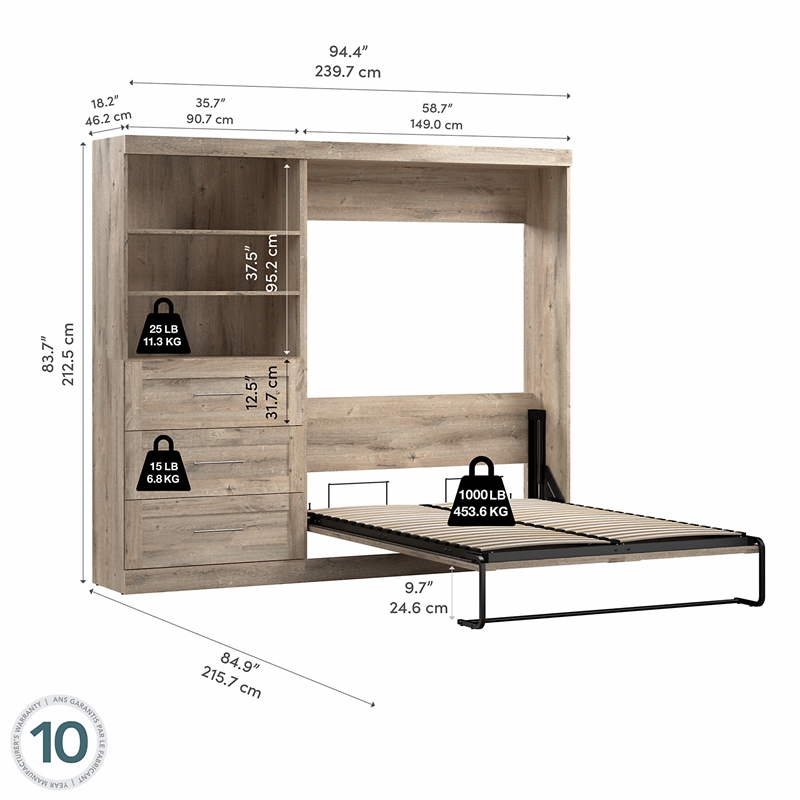 Bestar Pur Full Murphy Bed and Shelving Unit with Drawers (95W) in Rustic Brown