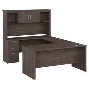Bestar Logan U-Shaped Engineered Wood Desk with Hutch in Medium Gray Maple