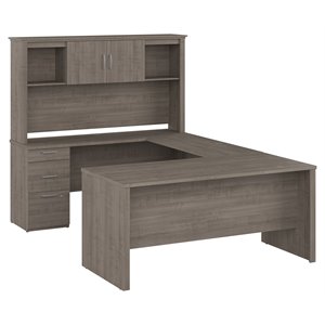 Bestar Logan U-Shaped Engineered Wood Desk with Hutch in Silver Maple