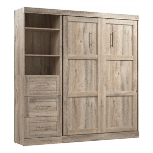 Bestar Pur Full Murphy Bed and Shelving Unit with Drawers (84W) in Rustic Brown