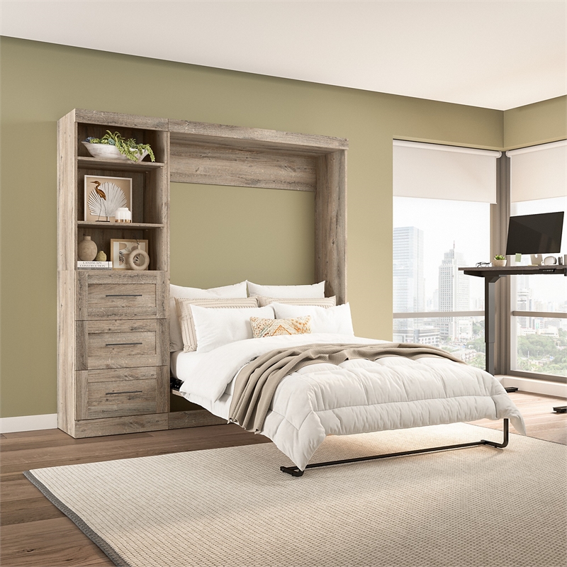 Bestar Pur Full Murphy Bed and Shelving Unit with Drawers (84W) in Rustic Brown