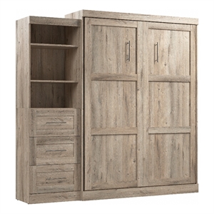 Bestar Pur Queen Murphy Bed and Shelving Unit with Drawers (90W) in Rustic Brown
