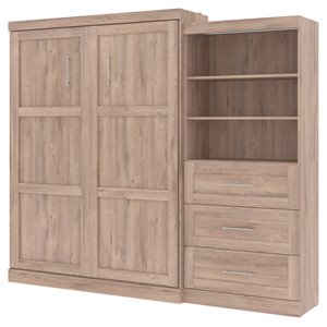 bestar pur wood queen murphy bed with storage unit & drawers in rustic brown