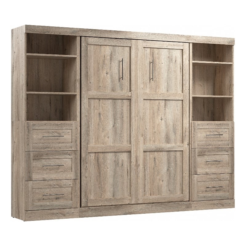 Bestar Pur Full Murphy Bed and 2 Shelving Units w/Drawers (109W) in Rustic Brown