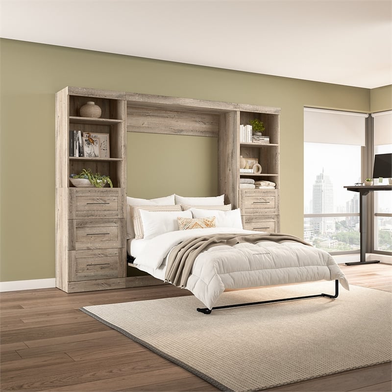 Bestar Pur Full Murphy Bed and 2 Shelving Units w/Drawers (109W) in Rustic Brown