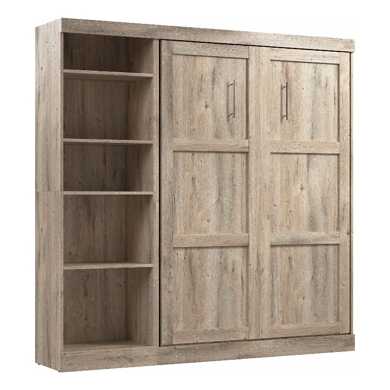 Bestar Pur Full Murphy Bed with Shelving Unit (84W) in Rustic Brown