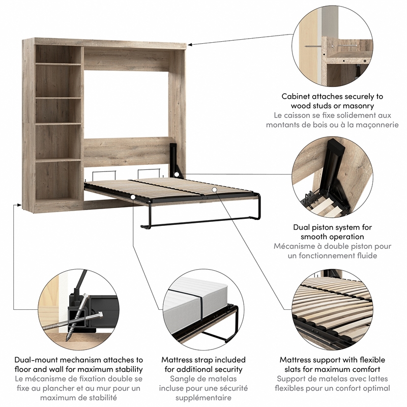 Bestar Pur Full Murphy Bed with Shelving Unit (84W) in Rustic Brown