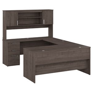 bestar ridgeley u-shaped engineered wood desk with hutch in medium gray maple