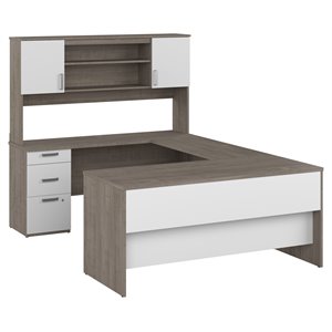 bestar ridgeley u-shaped engineered wood desk with hutch in silver maple/white