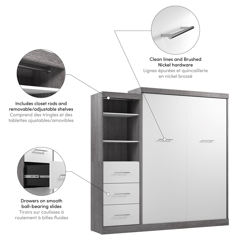 Bestar Nebula Wood Queen Murphy Bed and Organizer w/ Drawers in Bark Gray/White