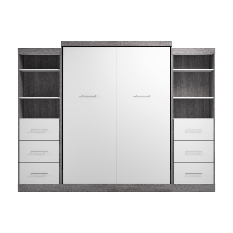 Bestar Nebula Wood Queen Murphy Bed and Organizers w/ Drawers in Bark Gray/White