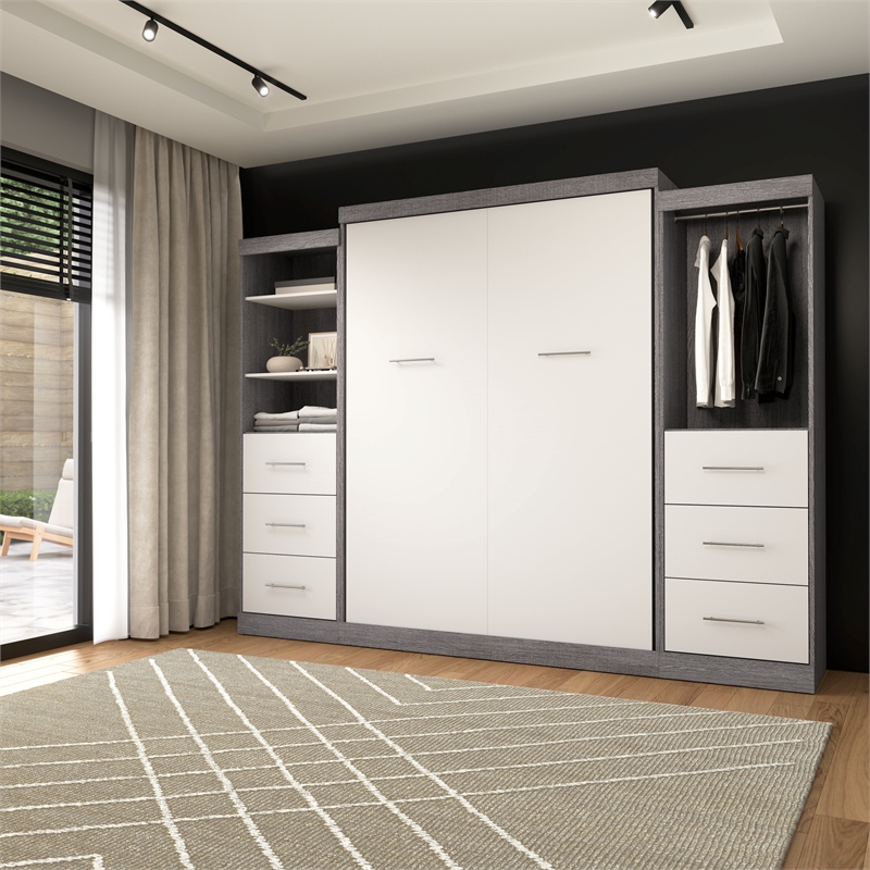 Bestar Nebula Wood Queen Murphy Bed and Organizers w/ Drawers in Bark Gray/White