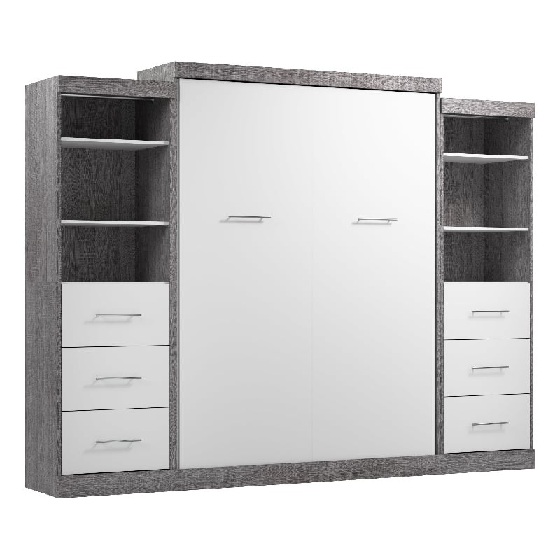 Bestar Nebula Wood Queen Murphy Bed and Organizers w/ Drawers in Bark Gray/White
