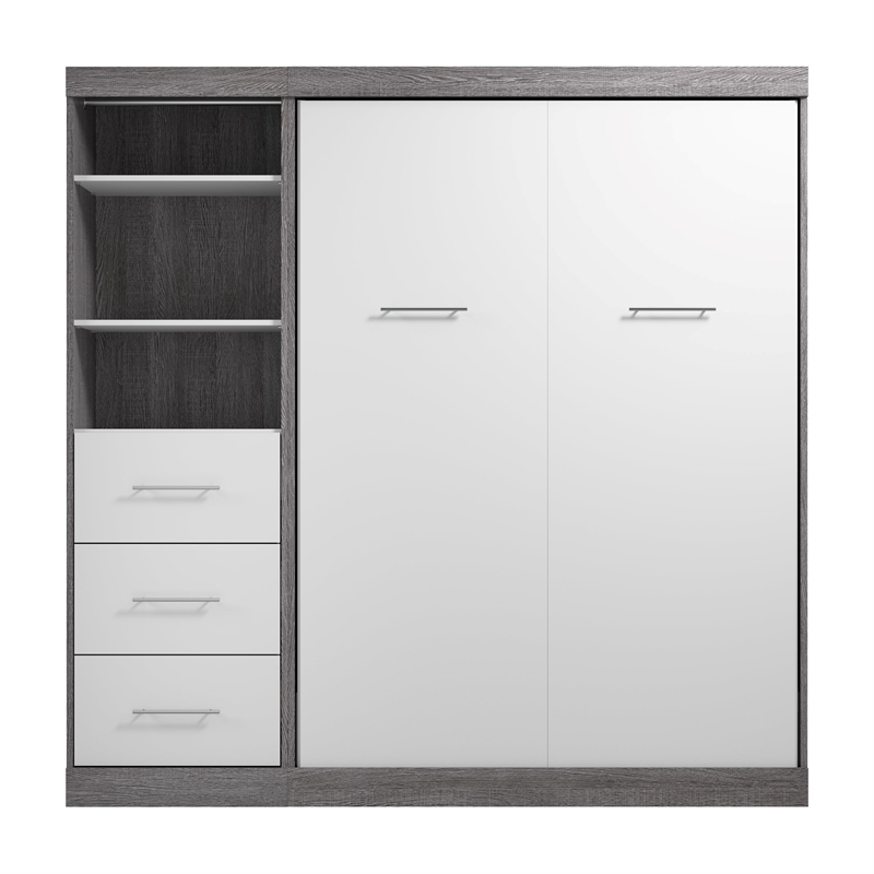 Bestar Nebula Wood Full Murphy Bed and Organizer w/ Drawers in Bark Gray/White