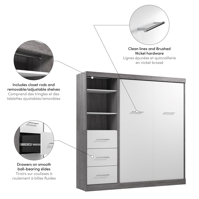 Bestar Nebula Wood Full Murphy Bed and Organizer w/ Drawers in Bark Gray/White