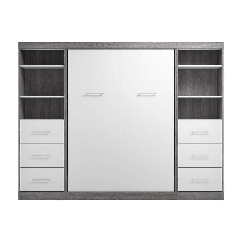 Bestar Nebula Wood Full Murphy Bed and Organizers w/ Drawers in Bark Gray/White
