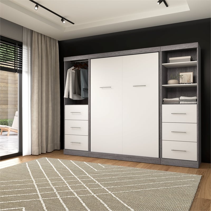 Bestar Nebula Wood Full Murphy Bed and Organizers w/ Drawers in Bark Gray/White