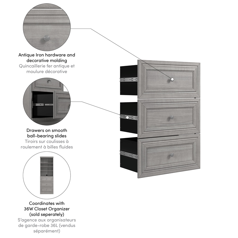 Bestar Versatile 25 Engineered Wood 3-Drawer Set for Organizer in Platinum Gray - 40170-000071