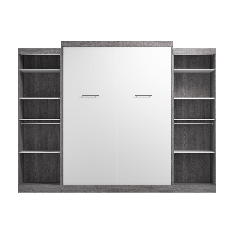 Bestar Nebula Wood Queen Murphy Bed with 2 Closet Organizers in Bark Gray/White