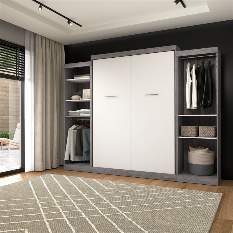 Bestar Nebula Wood Queen Murphy Bed with 2 Closet Organizers in Bark Gray/White