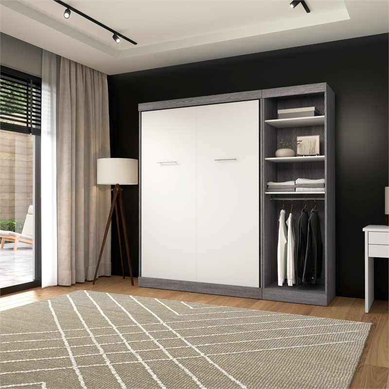 Bestar Nebula Wood Full Murphy Bed with Closet Organizer in Bark Gray/White