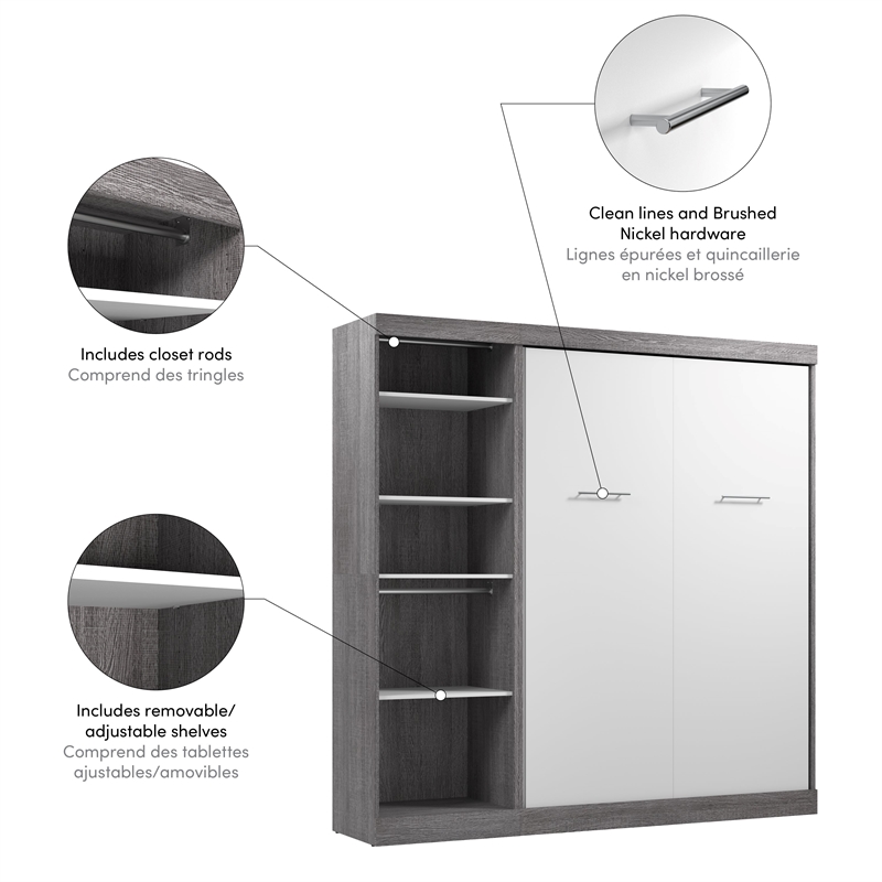 Bestar Nebula Wood Full Murphy Bed with Closet Organizer in Bark Gray/White