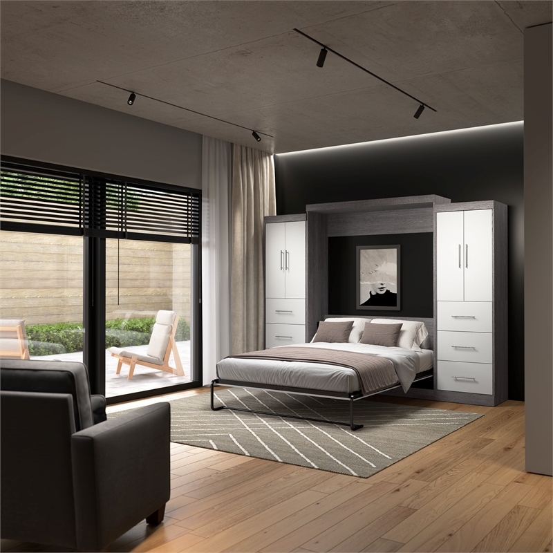 Bestar Nebula Wood Full Murphy Bed and 2 Closet Organizers in Bark Gray/White