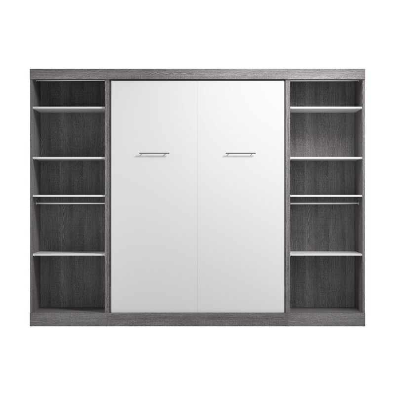 Bestar Nebula Wood Full Murphy Bed and 2 Closet Organizers in Bark Gray/White