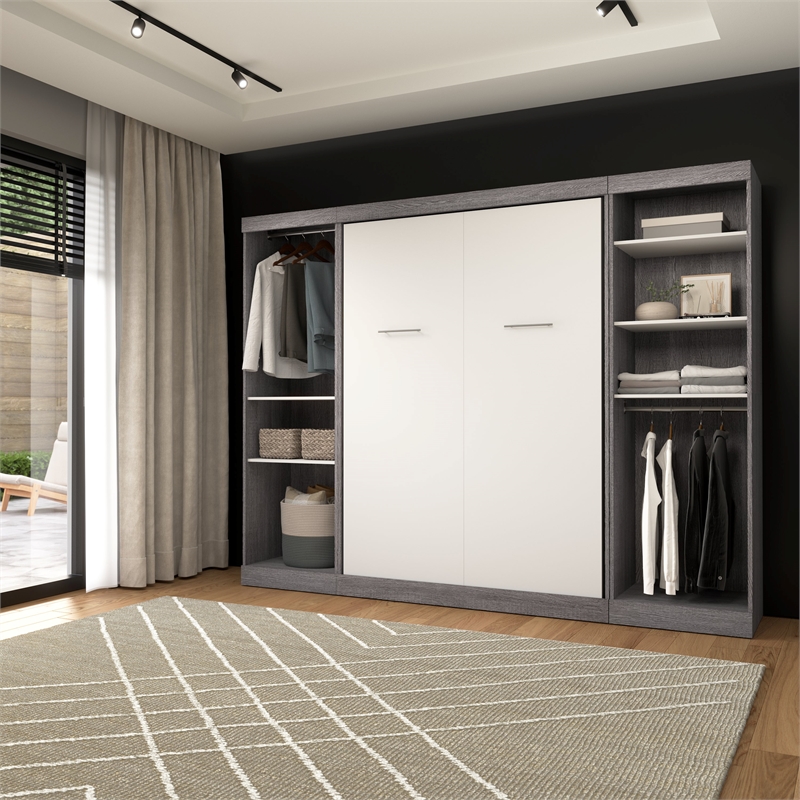 Bestar Nebula Wood Full Murphy Bed and 2 Closet Organizers in Bark Gray/White