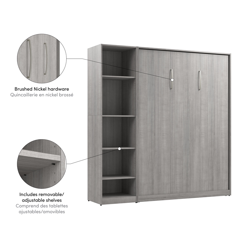 Bestar USA Claremont Wood Full Murphy Bed with Closet Organizer in Gray