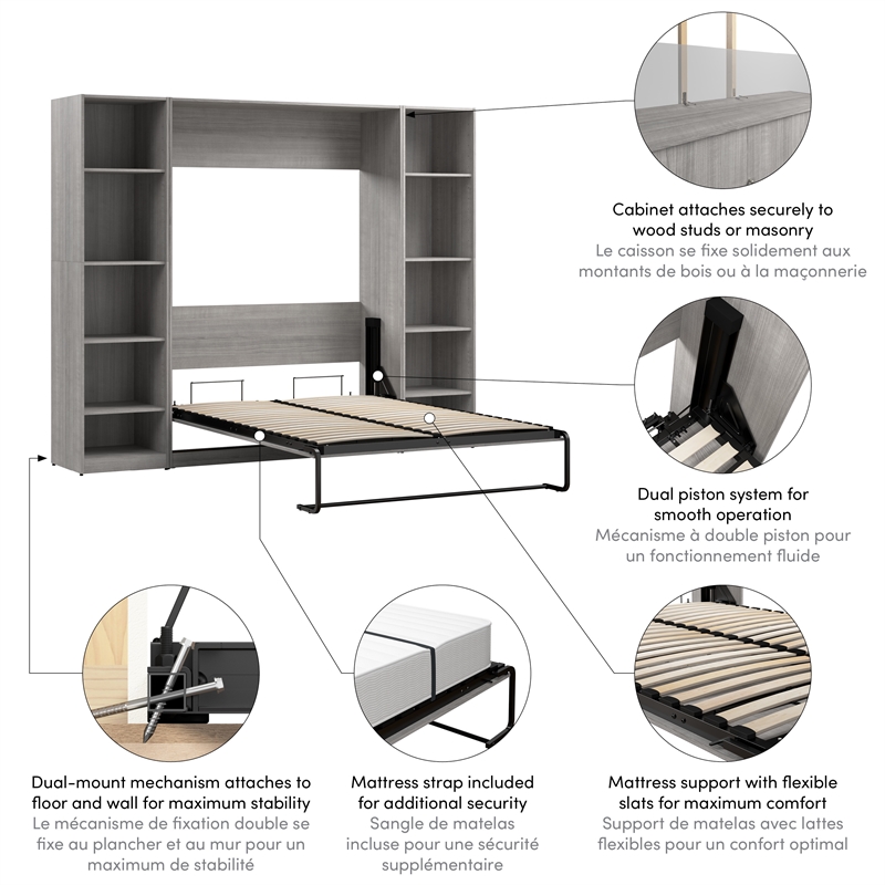 Bestar USA Claremont Wood Full Murphy Bed with Closet Organizers in Gray