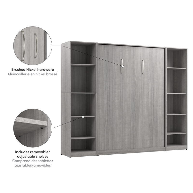 Bestar USA Claremont Wood Full Murphy Bed with Closet Organizers in Gray
