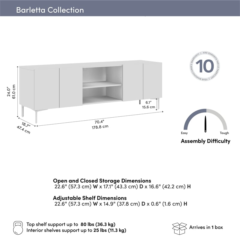 Barletta 71W Modular TV Stand for Entertainment Center - Engineered Wood