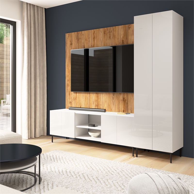 94W TV Stand with Tall Storage Cabinet and Small Wall Panel - Engineered Wood