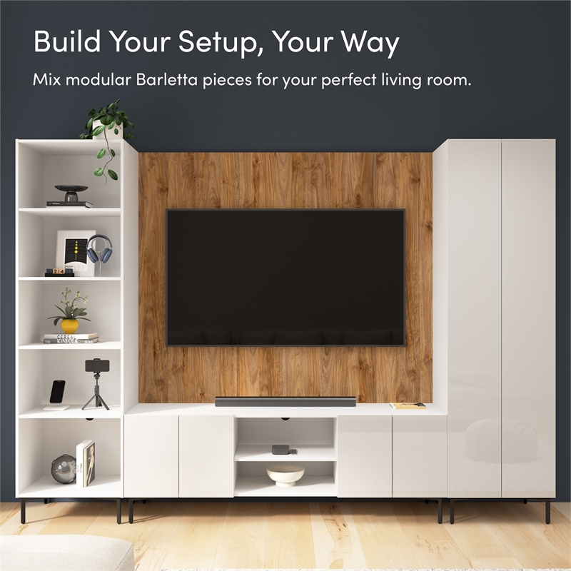 94W TV Stand with Tall Storage Cabinet and Small Wall Panel - Engineered Wood