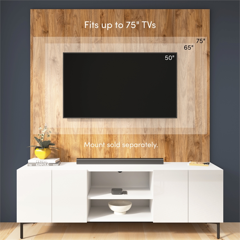 94W TV Stand with Tall Storage Cabinet and Small Wall Panel - Engineered Wood