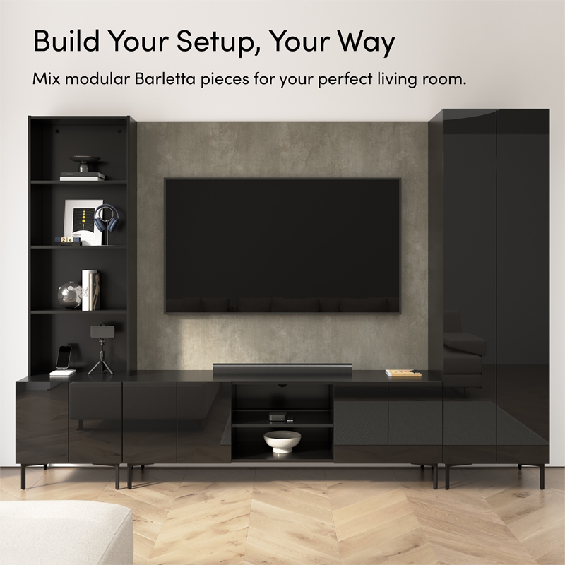 94W TV Stand with Tall Storage Cabinet and Small Wall Panel - Engineered Wood