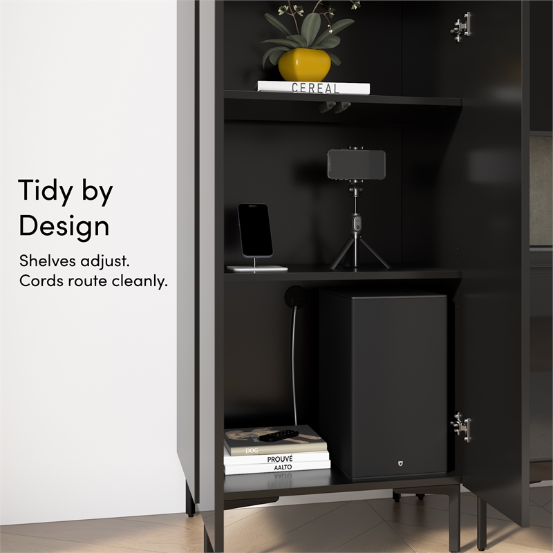 94W TV Stand with Tall Storage Cabinet and Small Wall Panel - Engineered Wood