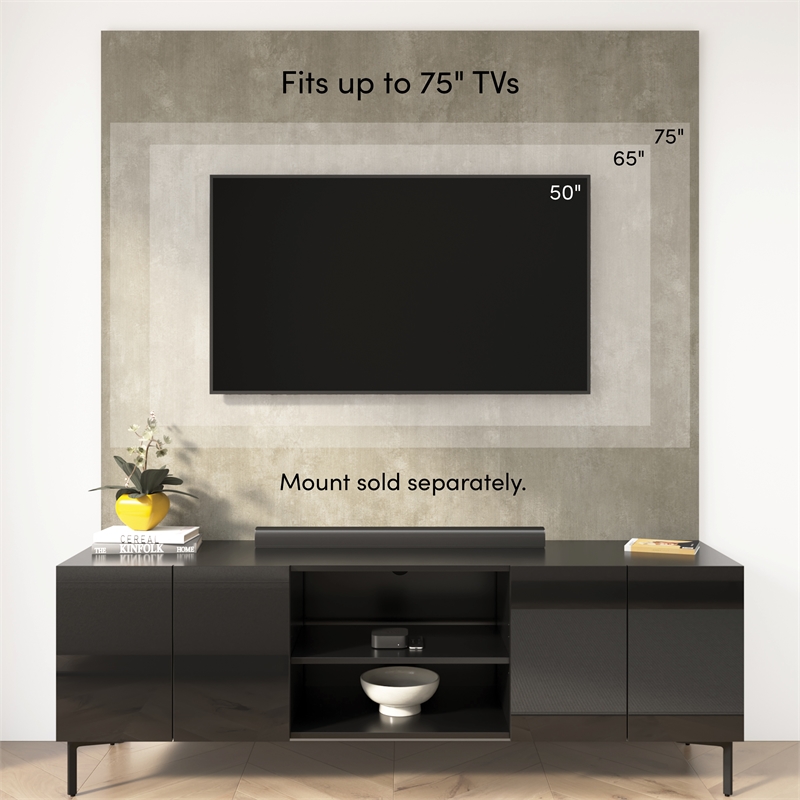 94W TV Stand with Tall Storage Cabinet and Small Wall Panel - Engineered Wood