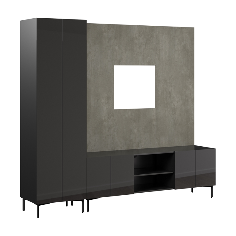 94W TV Stand with Tall Storage Cabinet and Small Wall Panel - Engineered Wood
