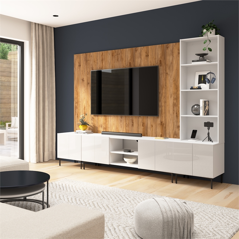 118W TV Stand with Storage Cabinet & Hutch & Large Wall Panel - Engineered Wood