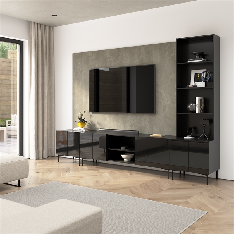 118W TV Stand with Storage Cabinet & Hutch & Large Wall Panel - Engineered Wood