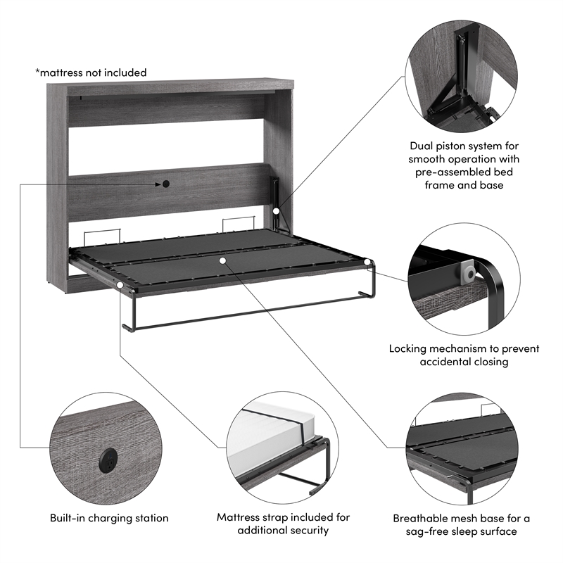 Pur 85W Queen Horizontal Murphy Bed - Engineered Wood